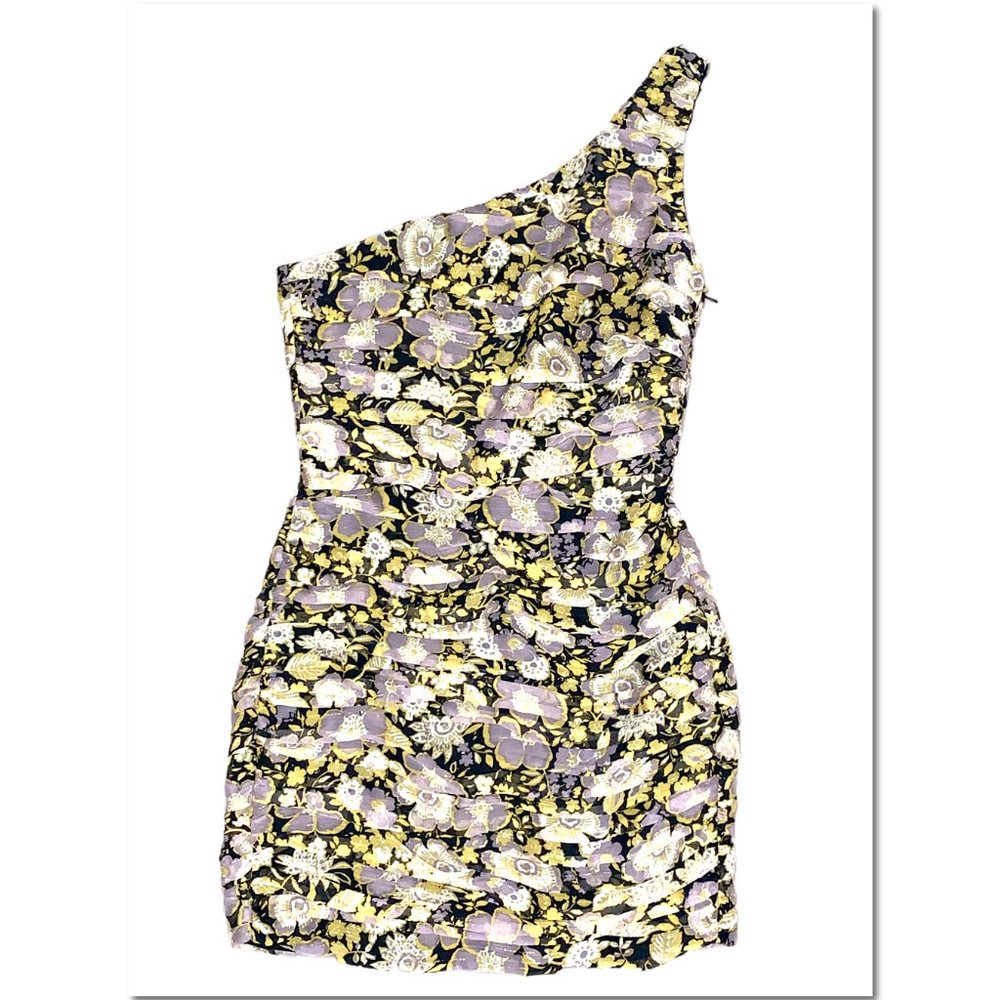 Zara Yellow Metallic Floral One Shoulder Dress Ruched Minidress Size S NWT - Picture 2 of 6